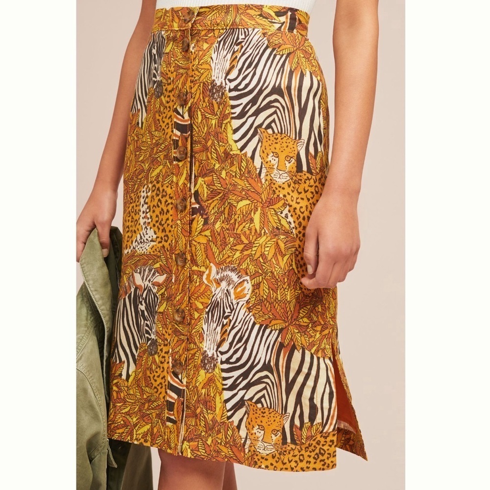 Anthropologie Maeve Tropical Jungle Printed Button Pencil Skirt